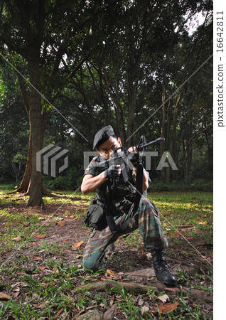 Asian soldier in forest battle 16642811