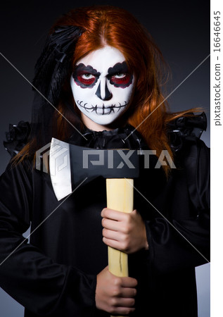 Woman monster with axe in dark room 16646645