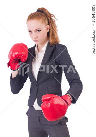 Woman businesswoman with boxing gloves on white Woman businesswoman with boxing gloves on white 16646808