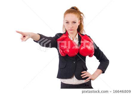 Woman businesswoman with boxing gloves on white 16646809