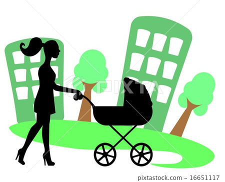 silhouette of a woman with a baby carriage 16651117