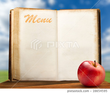 Open blank vintage menu book with apple 16654595