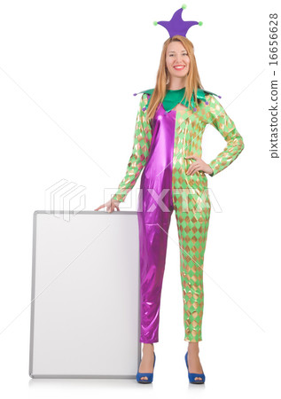 Clown with blank board on white 16656628