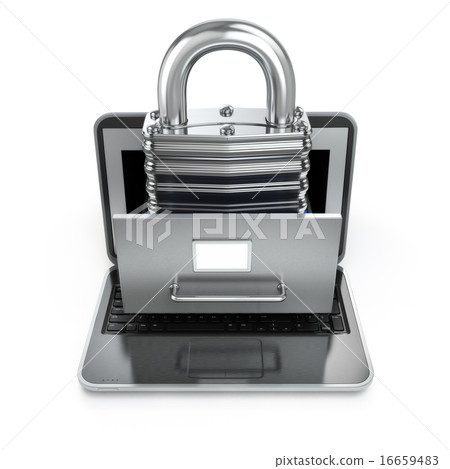 Data security concept. Laptop, archive and lock. 16659483