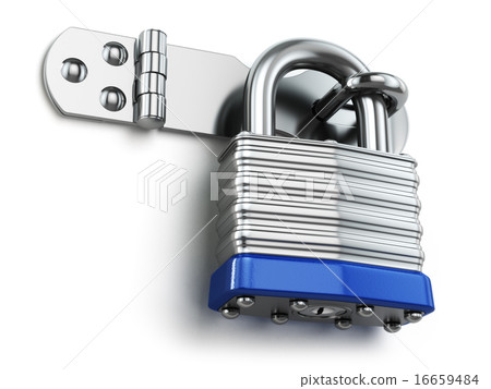 Padlock hanging on lock hinge. Security concept. 16659484