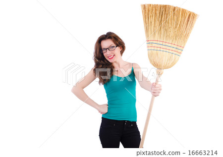 Young woman with broom on white Young woman with broom on white 16663214