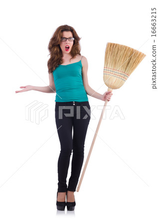 Young woman with broom isolated on white Young woman with broom isolated on white 16663215