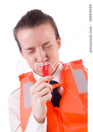 Young woman with life vest on white 16664044