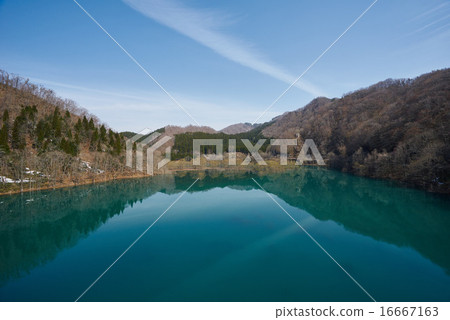 Akita Prefecture Route 341, Akagane Lake Showing the Cobalt Blue Water Surface (Shushinko), Near the Armored Field Dam Akita Prefecture Route 341, Akagane Lake Showing the Cobalt Blue Water Surface (Shushinko), Near the Armored Field Dam 16667163