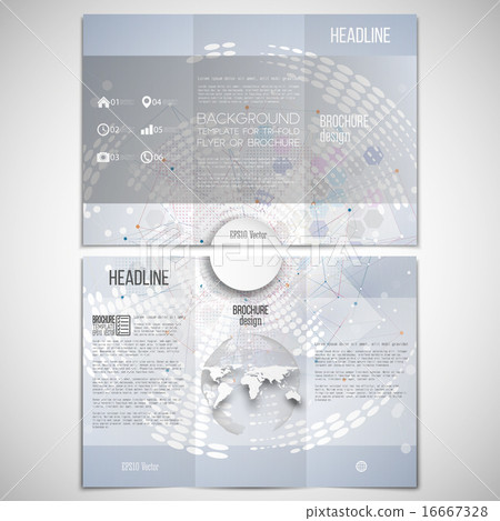 Vector set of tri-fold brochure design template on both sides with world globe element. Molecule Vector set of tri-fold brochure design template on both sides with world globe element. Molecule 16667328