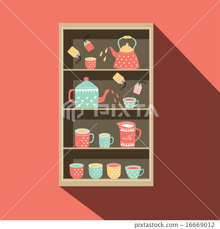 Shelf with tea pot and tea cup illustration 16669012