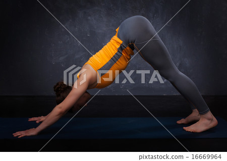 Beautiful sporty fit yogi girl practices yoga asana adhomukha sv 16669964