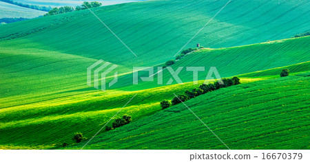 Panorama of Moravian rolling landscape with hunting tower shack 16670379