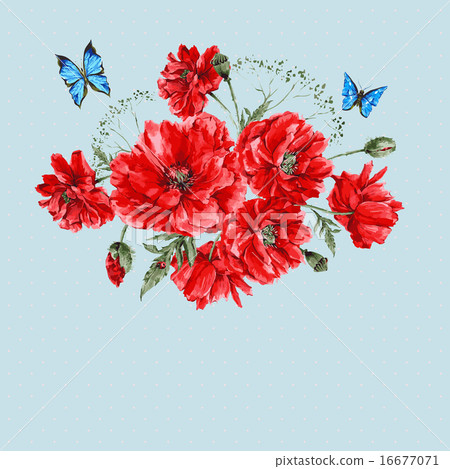 Watercolor Vintage Card with Red Poppies Bouquet - Stock Illustration ...