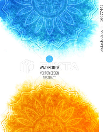 Orange watercolor brush wash with pattern - round doodle tribal elements.  16677442