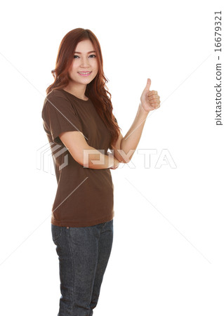 woman in blank t-shirt with thumbs up 16679321