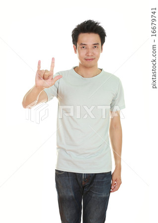 man in t-shirt with hand sign I love you man in t-shirt with hand sign I love you 16679741