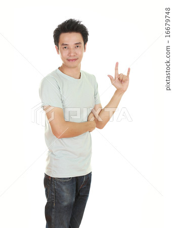 man in t-shirt with hand sign I love you man in t-shirt with hand sign I love you 16679748