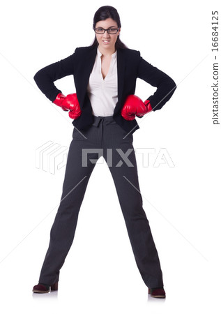 Businesswoman in boxing concept on white 16684125