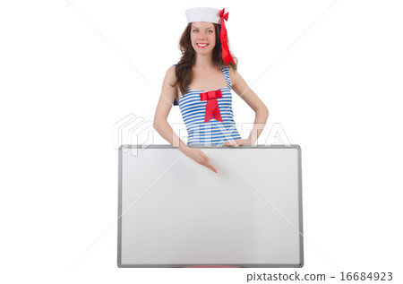 Young woman with blank board on white Young woman with blank board on white 16684923