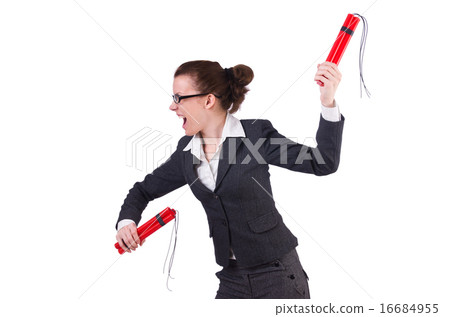 Businesswoman with dynamite on white 16684955