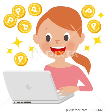 A woman rejoicing watching a personal computer and dreaming of a point coin A woman rejoicing watching a personal computer and dreaming of a point coin 16686618