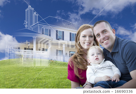 Military Family with Ghosted House Drawing Behind Military Family with Ghosted House Drawing Behind 16690336