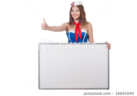 Young woman with blank board on white Young woman with blank board on white 16695049