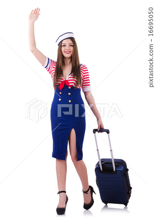 Woman travel attendant with suitcase on white Woman travel attendant with suitcase on white 16695050
