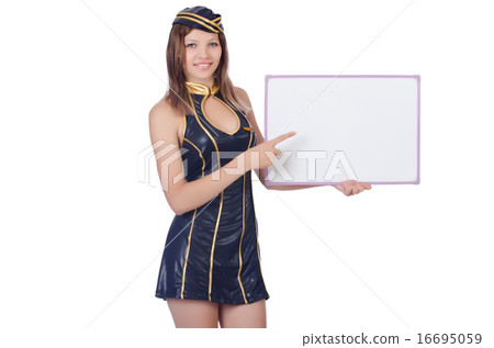 Young woman with blank board on white 16695059