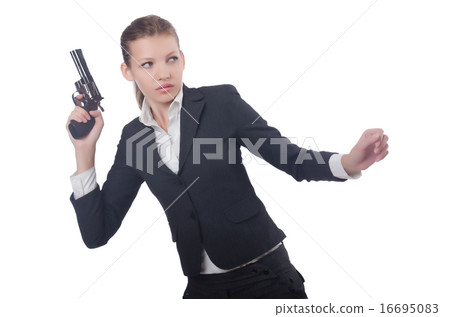 Woman businesswoman with gun on white Woman businesswoman with gun on white 16695083