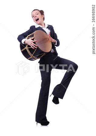 Funny businesswoman with drum isolated on white 16698982