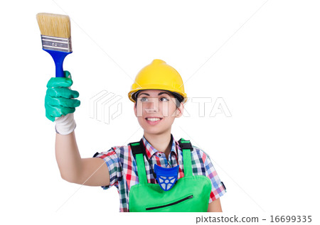 Woman painter with paintbrush on white Woman painter with paintbrush on white 16699335