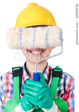Woman painter with paintbrush on white Woman painter with paintbrush on white 16699336