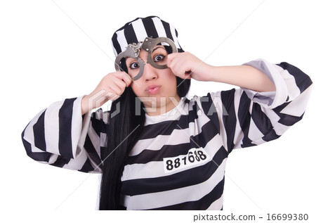 Prisoner in striped uniform on white 16699380
