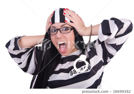Prisoner in striped uniform on white 16699382