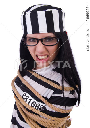 Prisoner in striped uniform on white 16699384