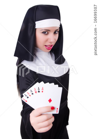 Nun playing cards on white Nun playing cards on white 16699387