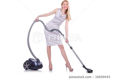 Young woman with vacuum cleaner on white 16699445