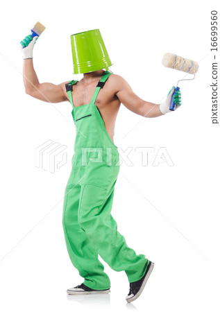Painter in green coveralls on white Painter in green coveralls on white 16699560