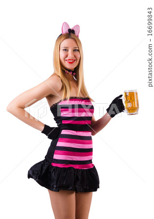 Young waitress with beer on white Young waitress with beer on white 16699843