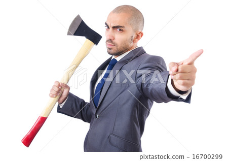 Funny businessman with axe on white 16700299