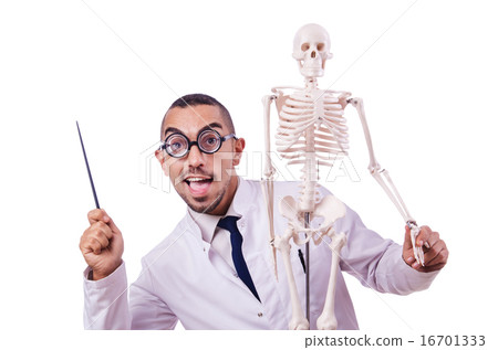 Funny doctor with skeleton isolated on white 16701333