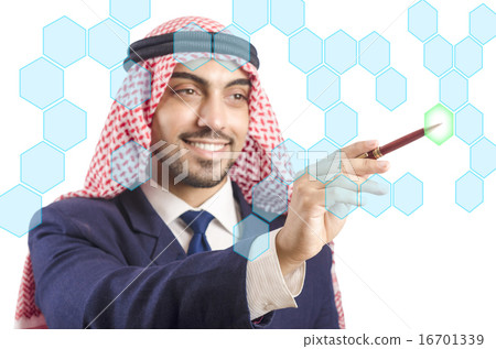 Arab man pressing virtual buttons Arab man pressing virtual buttons 16701339