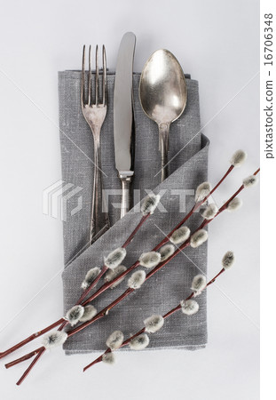 Vintage silverware in grey napkin envelope willow Vintage silverware in grey napkin envelope willow 16706348