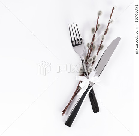 Spring silverware on white background and willow 16706351