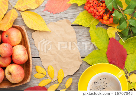 Autumn leaves, apple fruits and coffee cup 16707843
