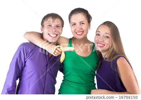 Photo of three smilimg friends with banana Photo of three smilimg friends with banana 16708150