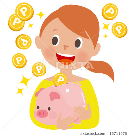 Pigs where points are accumulated Female who rejoice holding a piggy bank 01 16711976