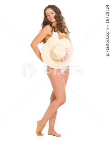 Full length portrait of glamour young woman in swimsuit holding Full length portrait of glamour young woman in swimsuit holding 16728324